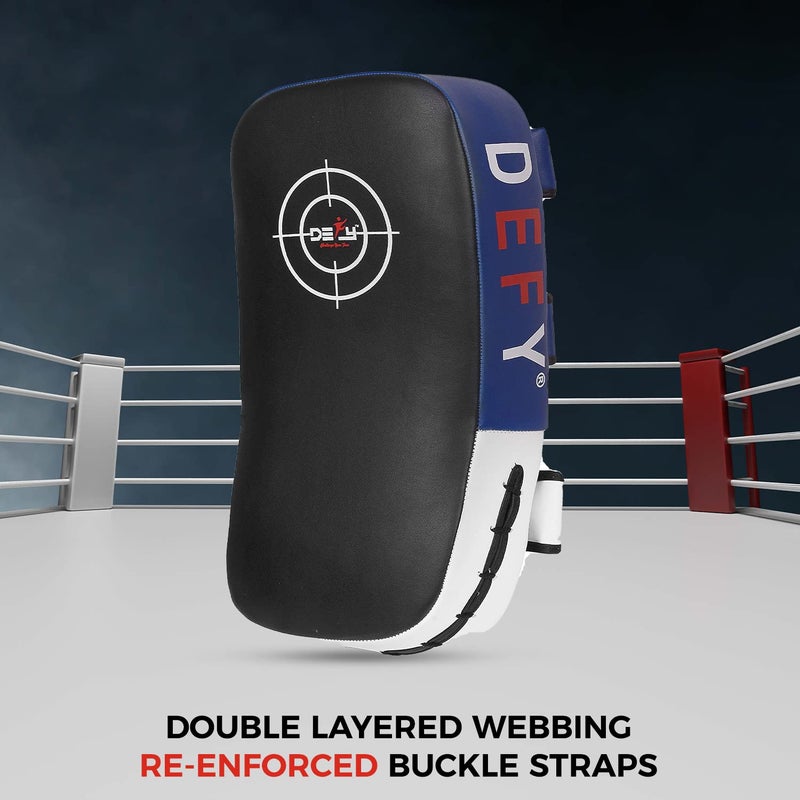 DEFY Challenge Your Fear Defy Sports - Curved Leather Thai Pads with Enhanced Shock Absorption - Double-Layered Buckle Straps for Superior Fit - Lightweight & Durable Kick Pad for Boxing, Karate & MMA Training - 1 Pad - Blue - Image 4